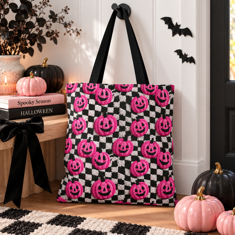 A Halloween-themed tote bag with a black and white checkered pattern and bright pink glittery jack-o'-lantern motifs, hanging on a wall hook in a decorated home setting with pumpkins and bats.