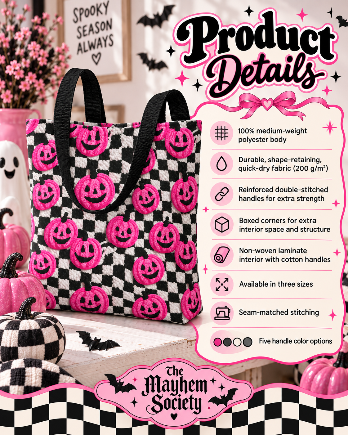 Pink Pumpkin Checkered Tote Bag | Spooky Cute Halloween Shopper