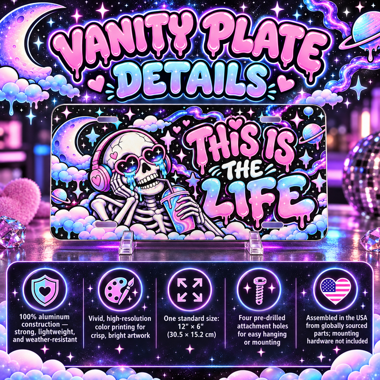 This Is the Life Vanity License Plate | Cosmic Skull Pastel Goth Car Accessory