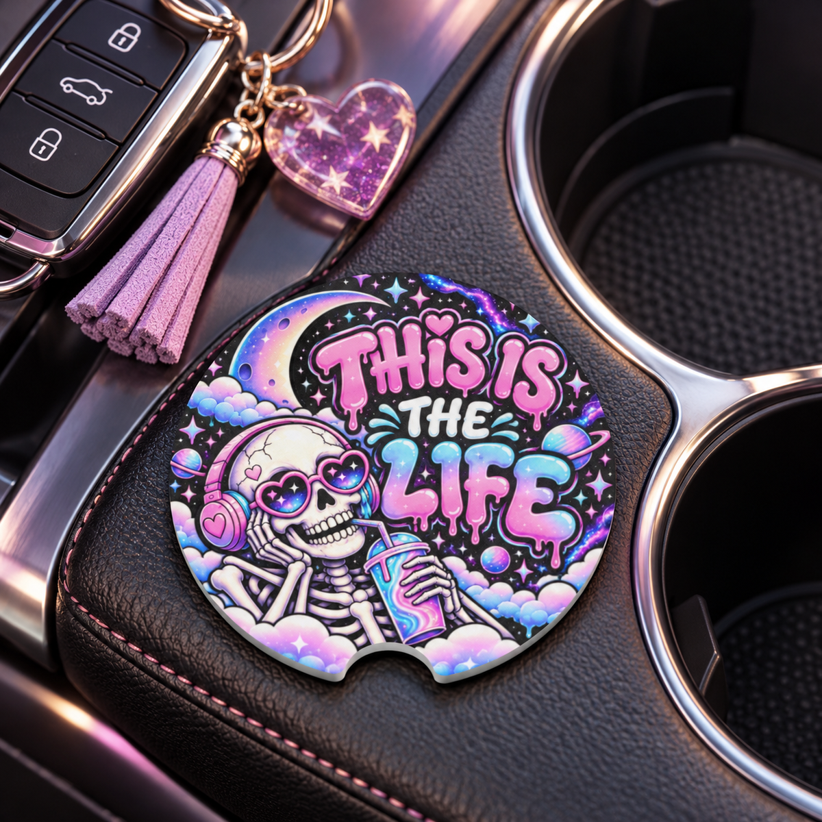 This Is the Life Car Coaster | Cosmic Skull Pastel Goth Car Accessory