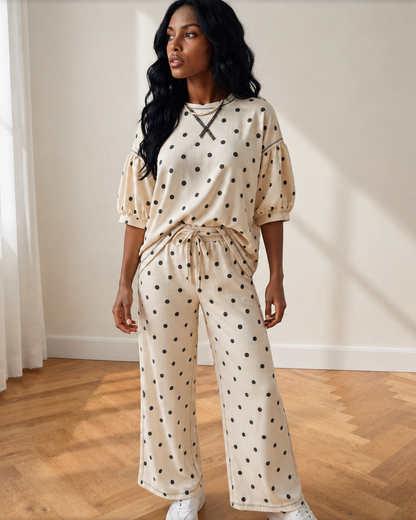 Avery Polka Dot Elastic Waist Casual Pants Set