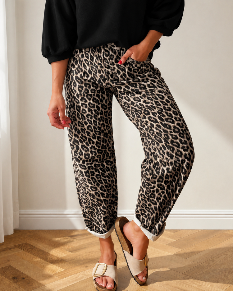 Bailey Leopard Barrel-Leg Jeans