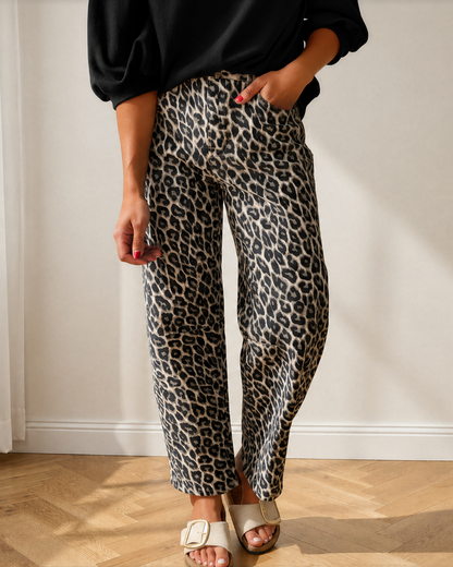 Bailey Leopard Barrel-Leg Jeans