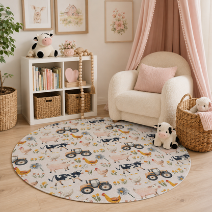 Farm Animal Nursery Rug | Round Baby Girl Farmhouse Area Rug