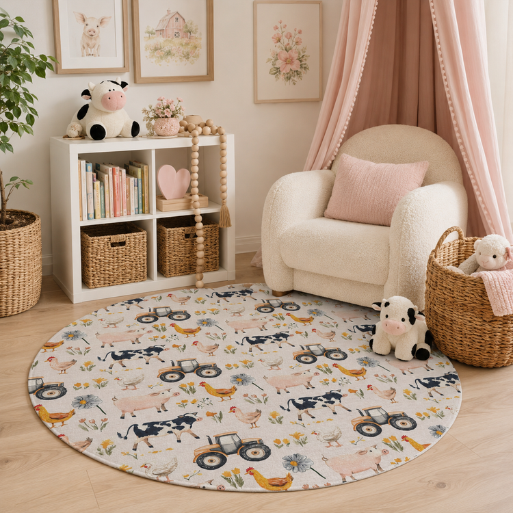 Farm Animal Nursery Rug | Round Baby Girl Farmhouse Area Rug