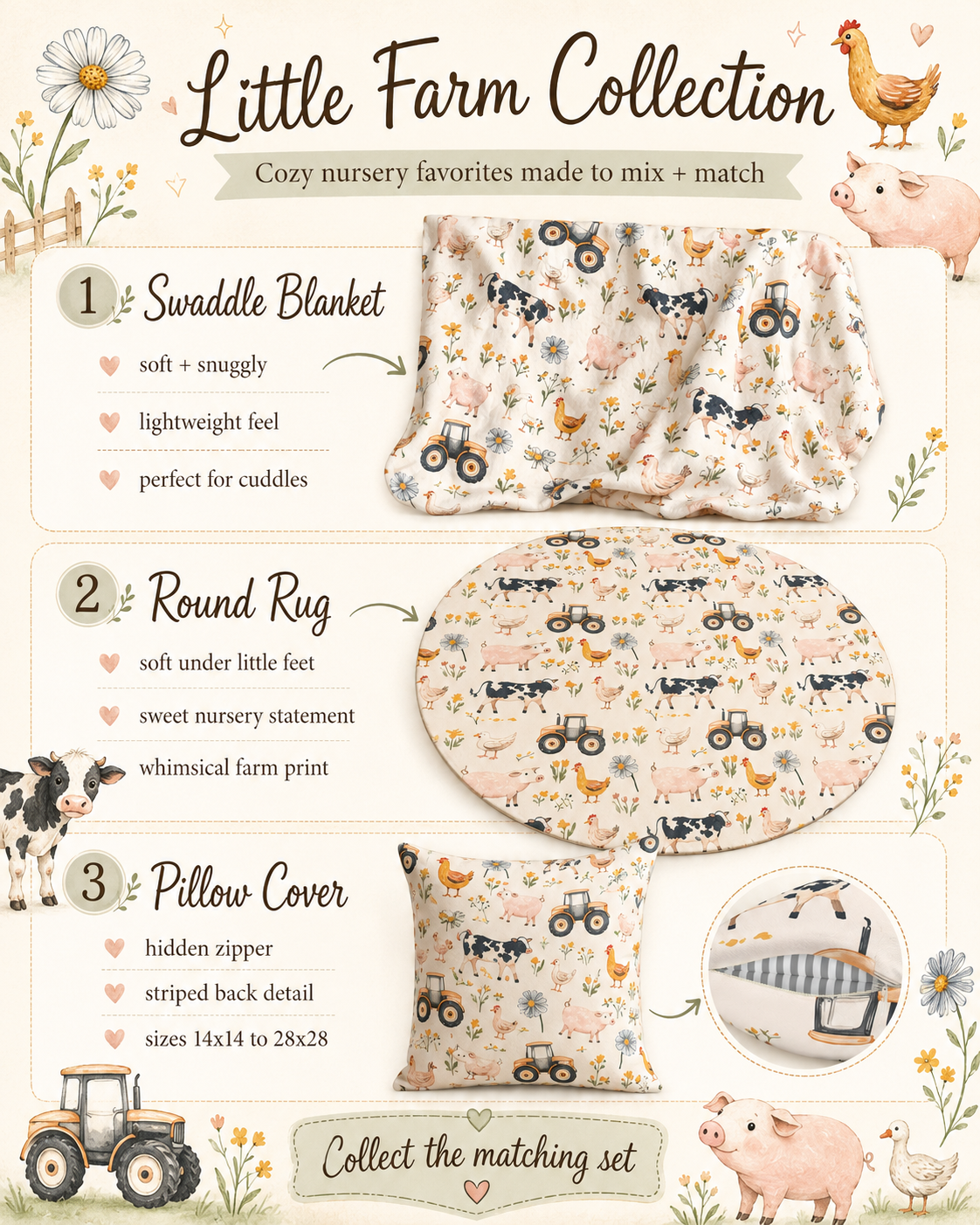 Farm Animal Nursery Rug | Round Baby Girl Farmhouse Area Rug