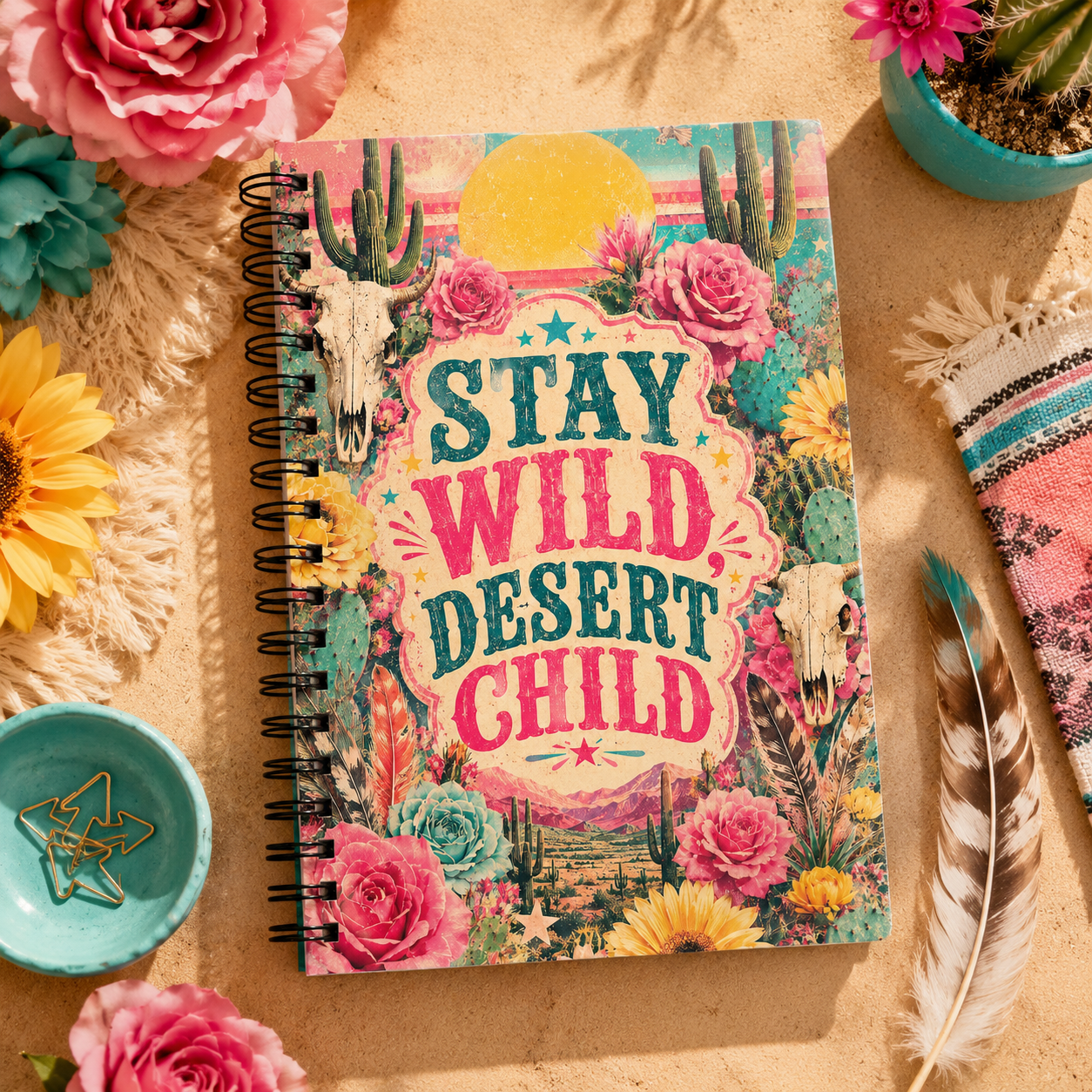 Stay Wild Desert Child Spiral Notebook | Dotted Journal, Floral Cactus Cover