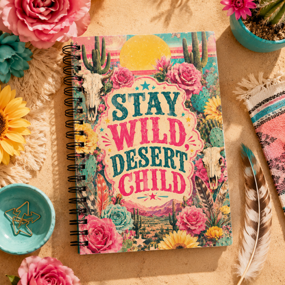 Stay Wild Desert Child Spiral Notebook | Dotted Journal, Floral Cactus Cover