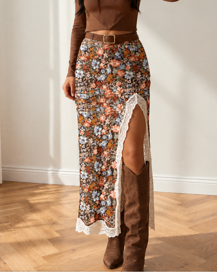 Charlie Lace Trim Split Long Skirt