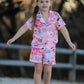 Pink TS Lapel Button Short Sleeve Shorts Pajama Set