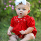 Girls Bow Smocking Embroidered Red Romper