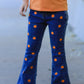 Girls Pumpkin Embroidered Flare Jeans Fall Denim Pants with Fringe Hem