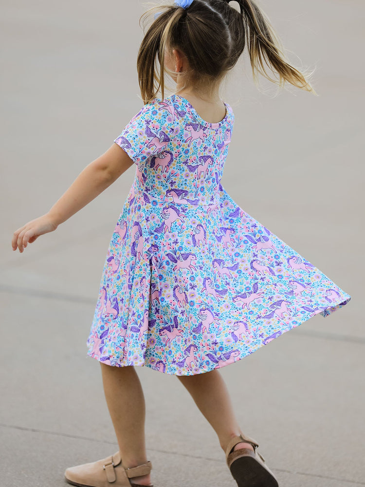 Unicorn Floral Print Girls Short Sleeve Twirl Dress