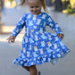 Fall Cat Print Girls Long Sleeve Ruffle Hem Dress