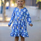 Fall Cat Print Girls Long Sleeve Ruffle Hem Dress