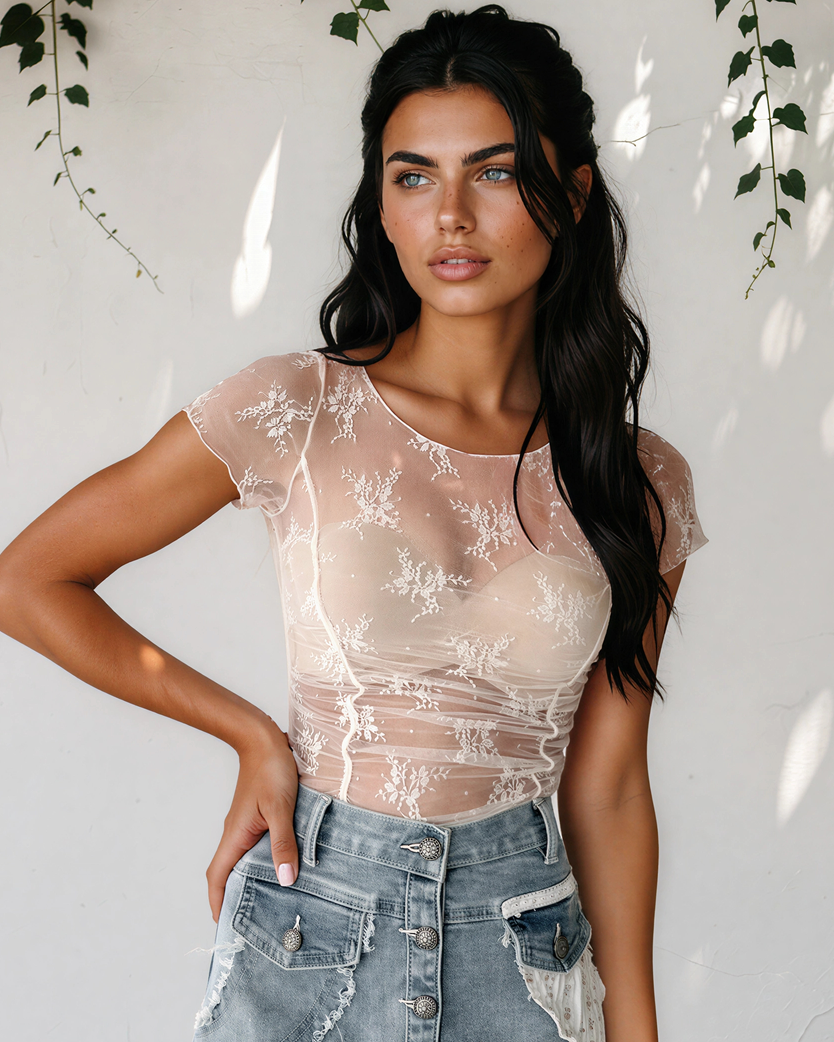 Jolie Ruched Floral Sheer Mesh Top