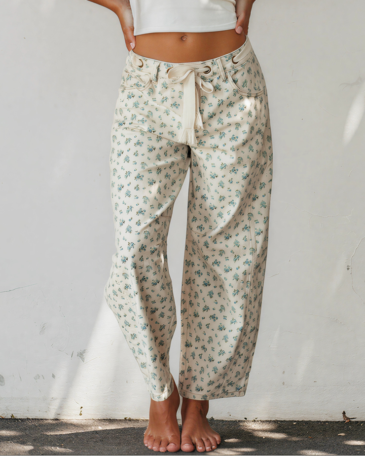 Aspen Floral Tie-Waist Barrel-Leg Jeans
