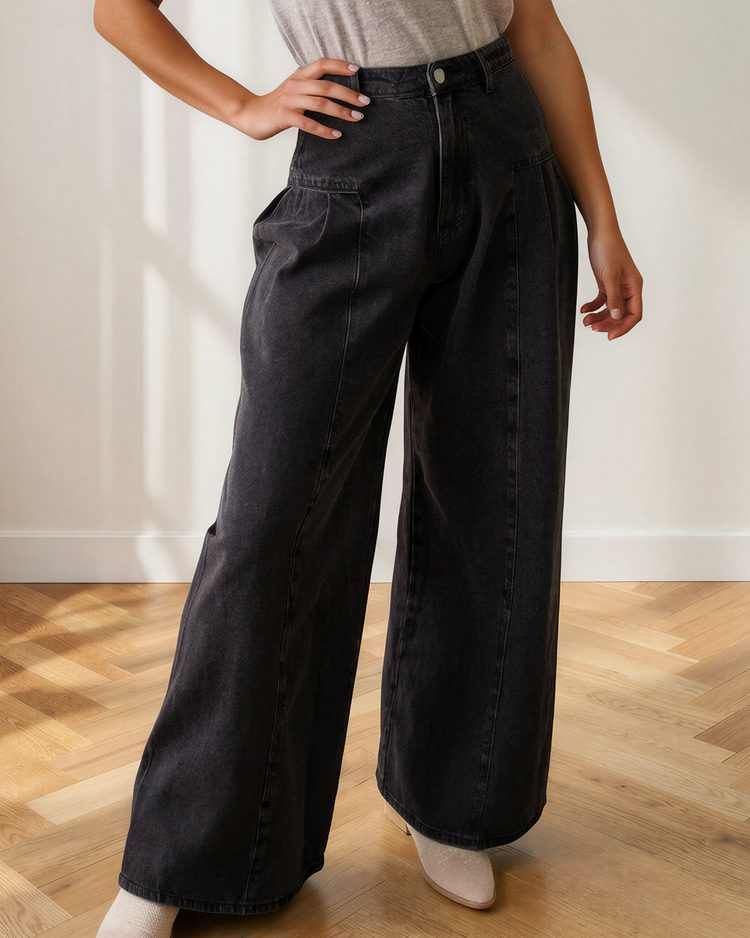 Billie Pleated Wide Leg Mineral Wash Denim Pants