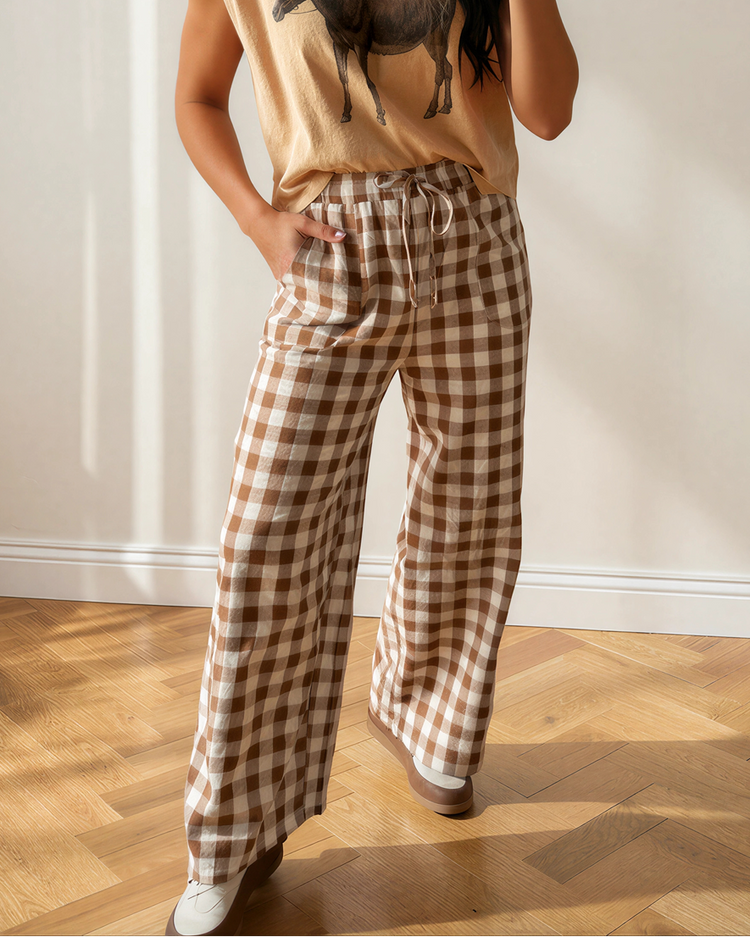Gingham Tie Elastic Waist Shift Pants