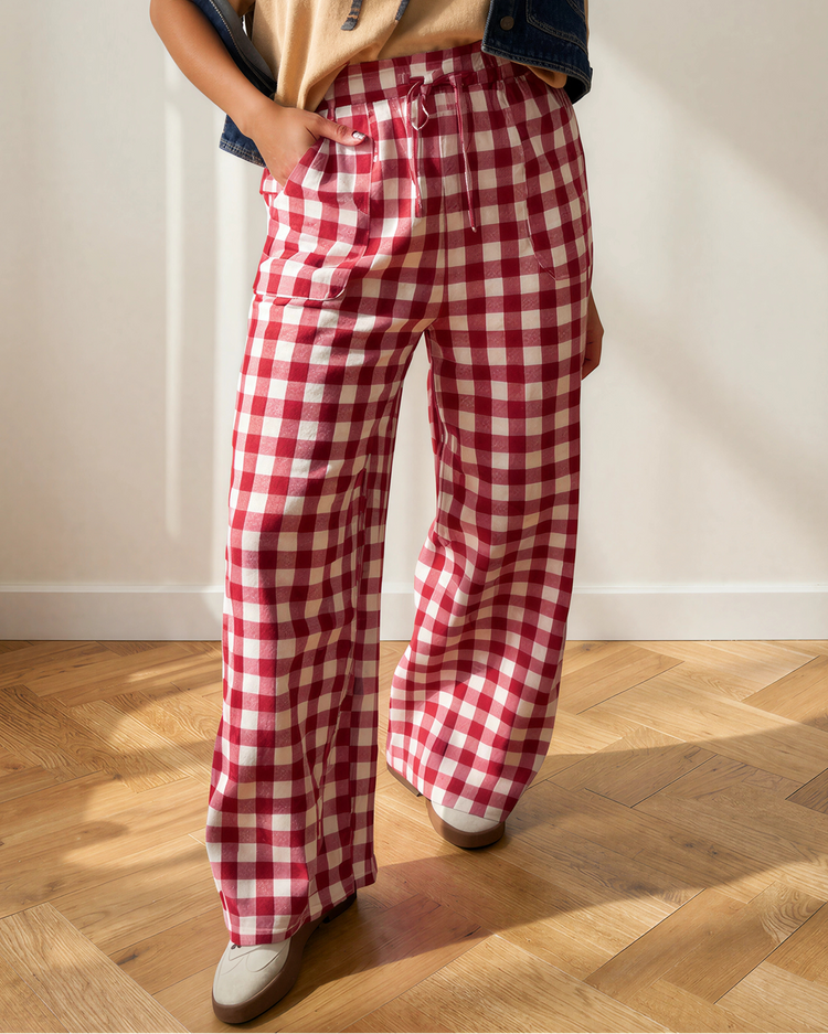 Gingham Tie Elastic Waist Shift Pants