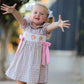 Fall Thanksgiving Lapel Plaid Chick Embroidery Smocking Bow Baby Girls Dress