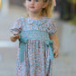 Sage Green Bow Floral Smocked Girl Dress