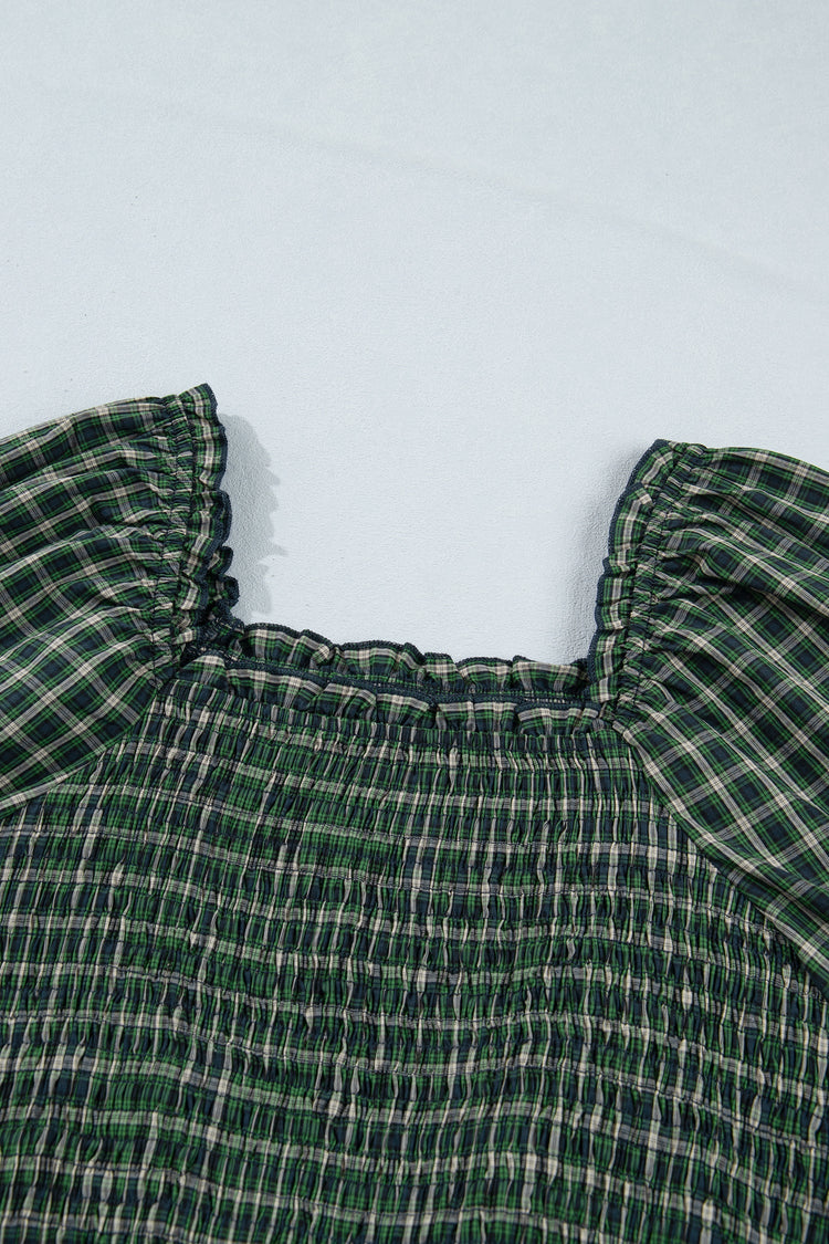 Daisy Plaid Shirred Ruffle-Hem Dress
