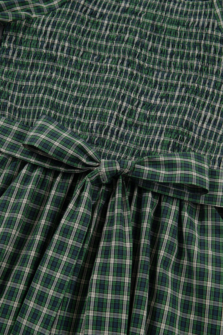 Daisy Plaid Shirred Ruffle-Hem Dress