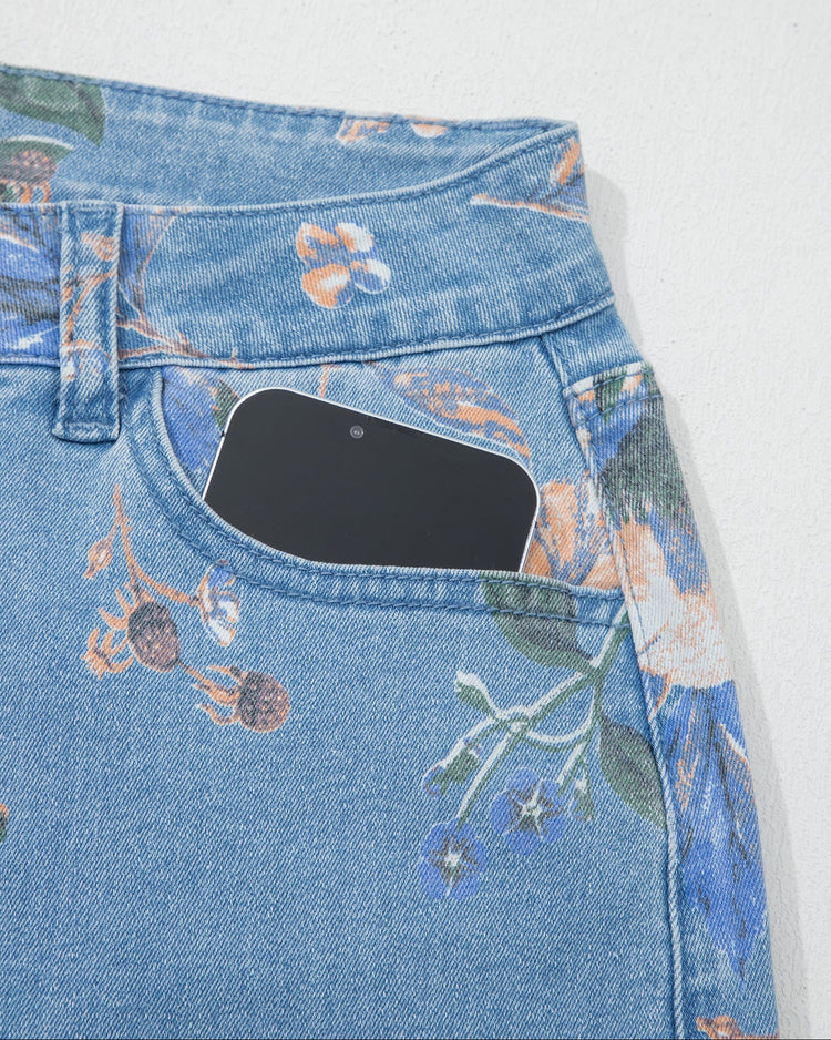 Kinsley Retro Floral Print Frayed Hem Shift Jeans