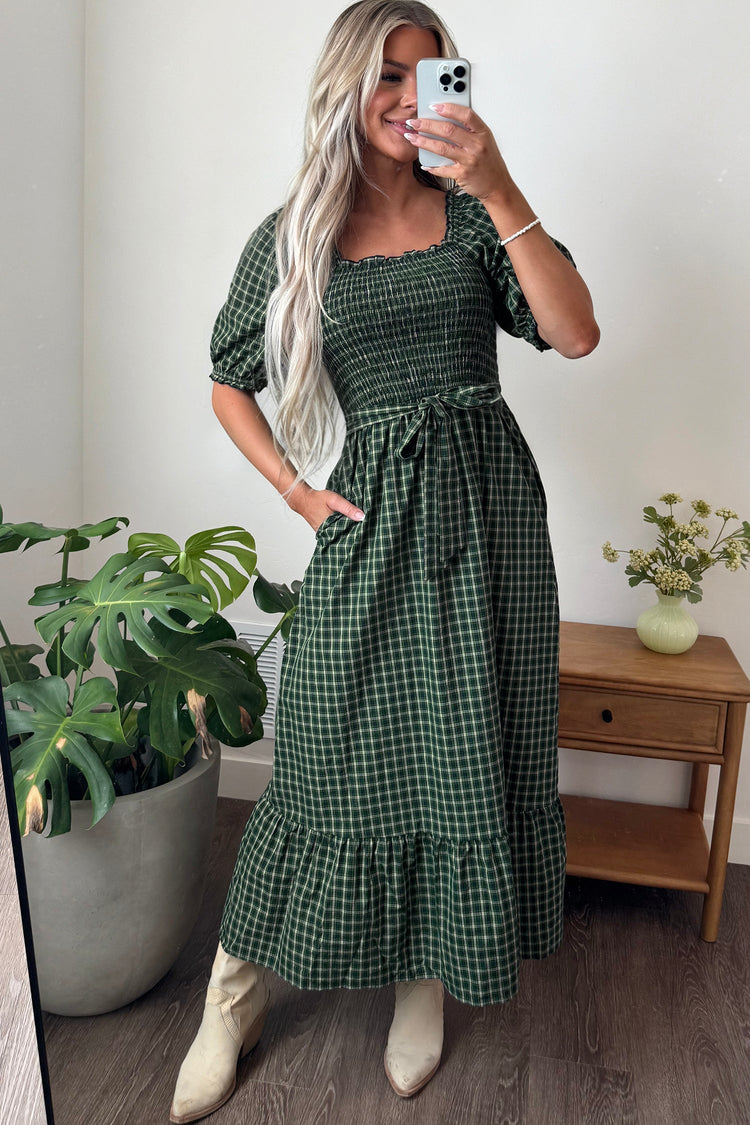 Daisy Plaid Shirred Ruffle-Hem Dress