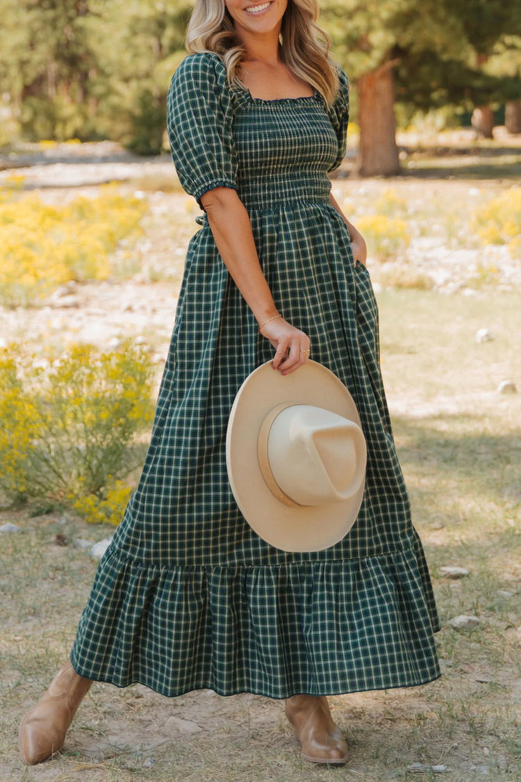 Daisy Plaid Shirred Ruffle-Hem Dress