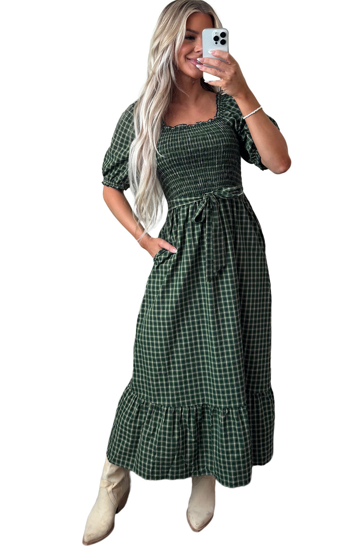 Daisy Plaid Shirred Ruffle-Hem Dress