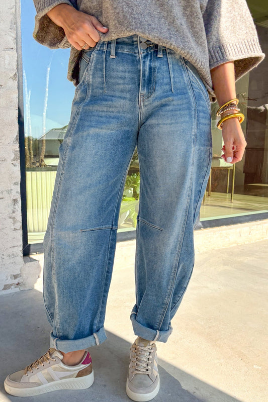 Fallon Medium-Wash Cuffed Barrel Jeans