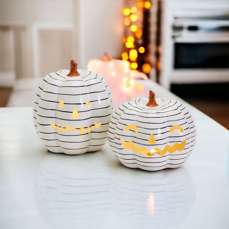 Hand Painted Black White LED Striped Pumpkin Minimalist Fall Halloween Decor