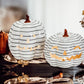 Hand Painted Black White LED Striped Pumpkin Minimalist Fall Halloween Decor