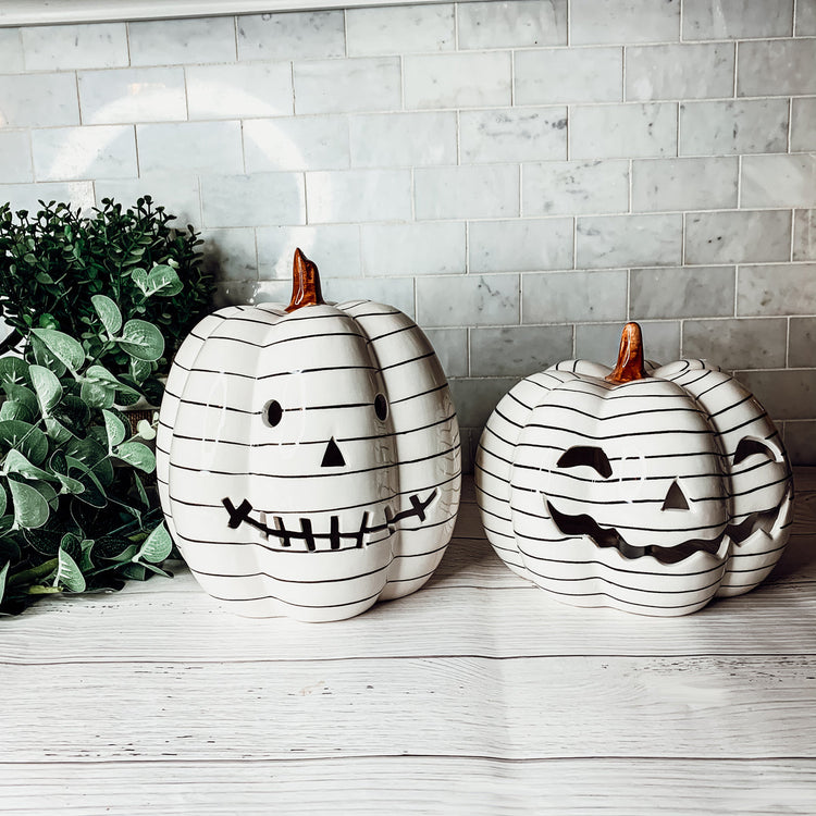 Hand Painted Black White LED Striped Pumpkin Minimalist Fall Halloween Decor