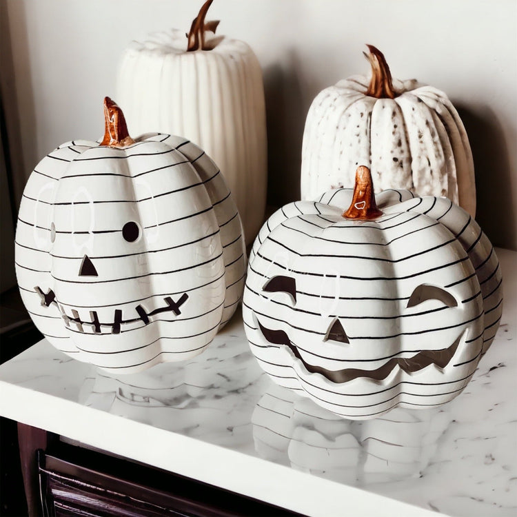 Hand Painted Black White LED Striped Pumpkin Minimalist Fall Halloween Decor