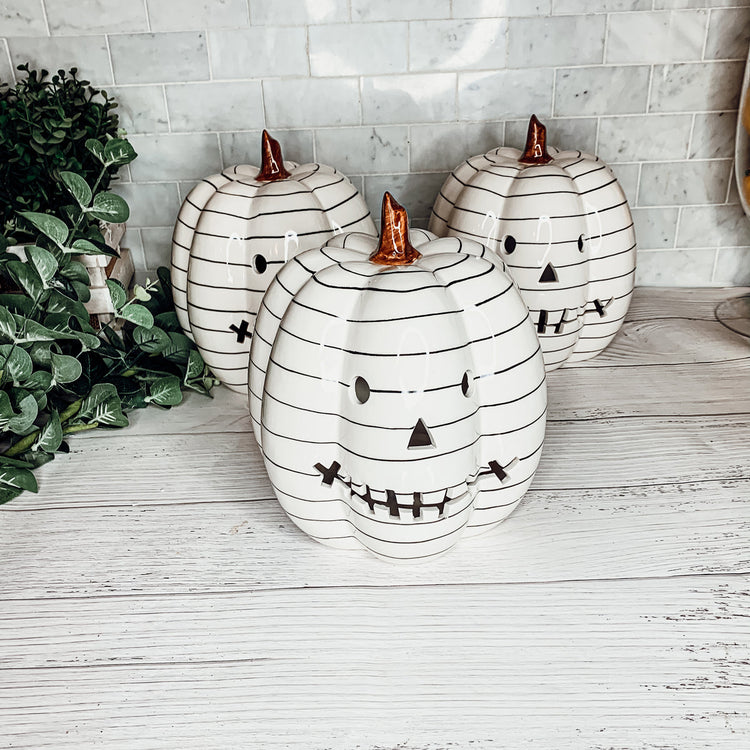 Hand Painted Black White LED Striped Pumpkin Minimalist Fall Halloween Decor