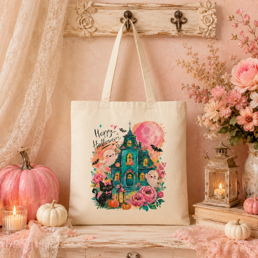 A cream canvas tote bag with a colorful 'Happy Halloween' haunted house illustration, hanging on a rustic wooden wall hook in a styled autumn-themed room with pumpkins, flowers, and candles.