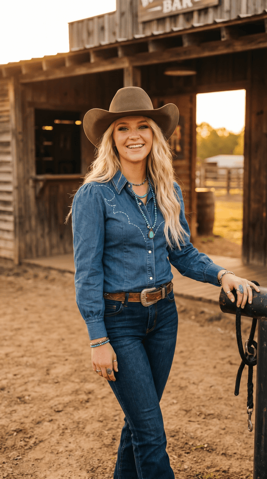 LUCKY & BLESSED mid wash denim pearl snap Western shirt