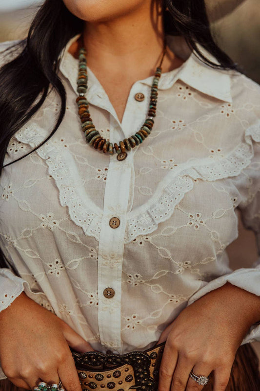 Turquoise Haven Prairie Eyelet ivory Western ruffle blouse