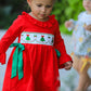 Christmas Smocked Dress with Green Bow and Tree Embroidery