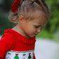 Christmas Smocked Dress with Green Bow and Tree Embroidery
