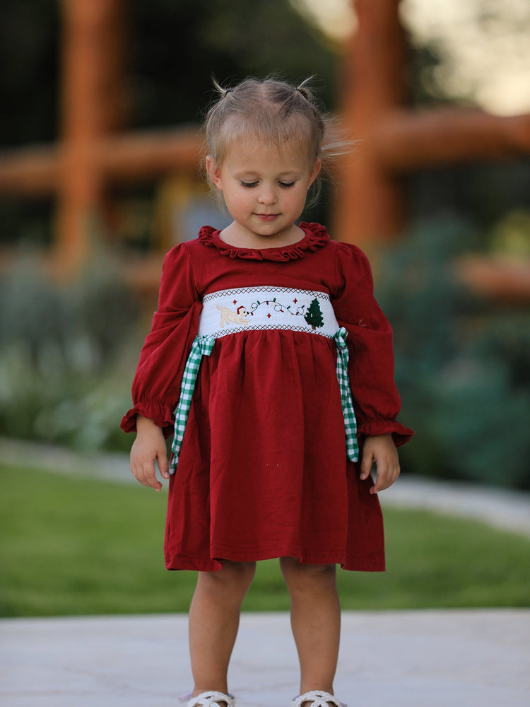 Christmas Smocking Embroidered Girls Dress with Green Plaid Bow