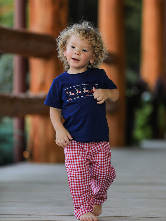 Christmas Holiday Celebration Boys Set: Navy with Santa Sleigh
