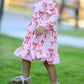 Pink Bow Print Girls Dress with Ruffle Hem
