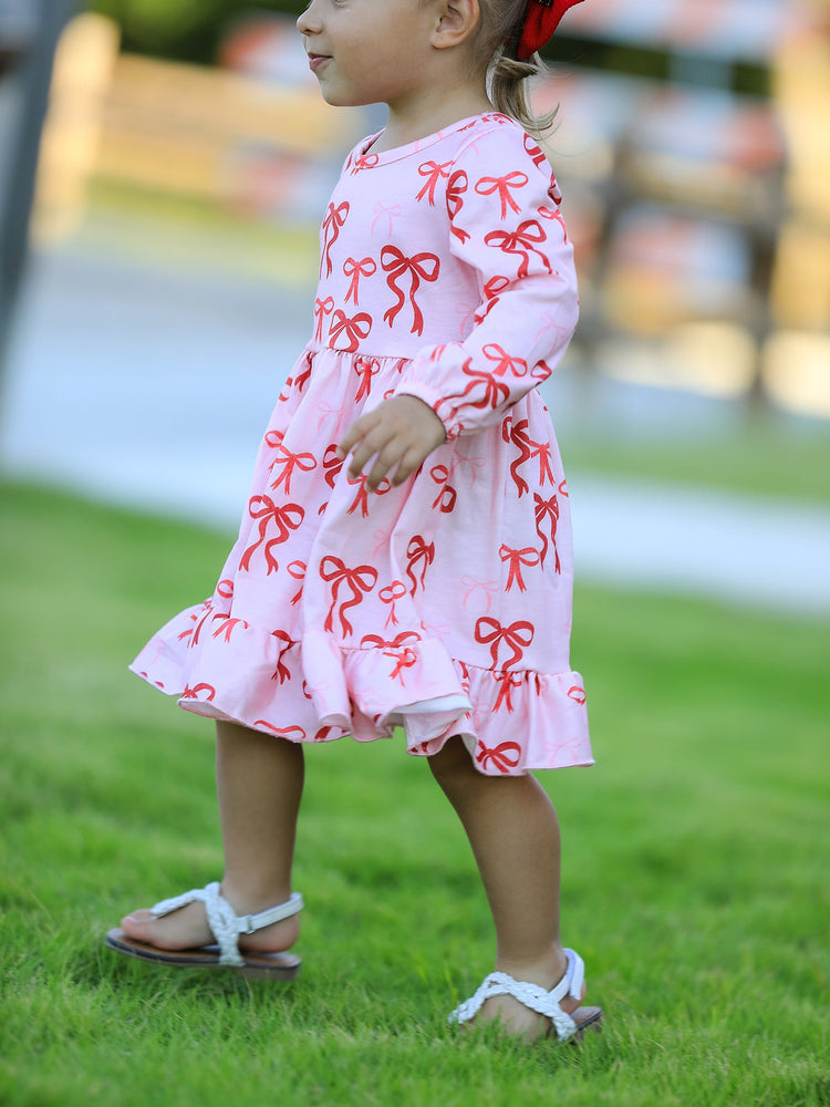 Pink Bow Print Girls Dress with Ruffle Hem
