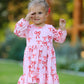 Pink Bow Print Girls Dress with Ruffle Hem