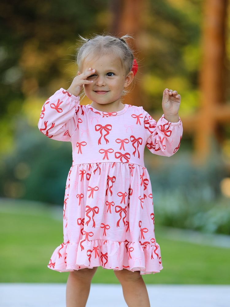 Pink Bow Print Girls Dress with Ruffle Hem