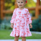Pink Bow Print Girls Dress with Ruffle Hem